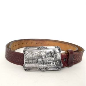 Vintage Railroad Steam Engine Train figural scenic pewter belt with metal buckle